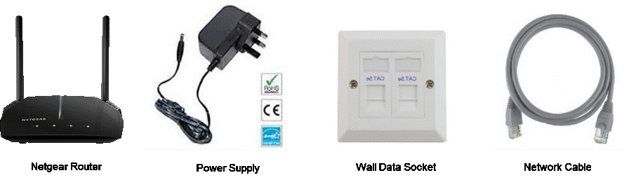 Image of router, power supply, wall data socket and network cable